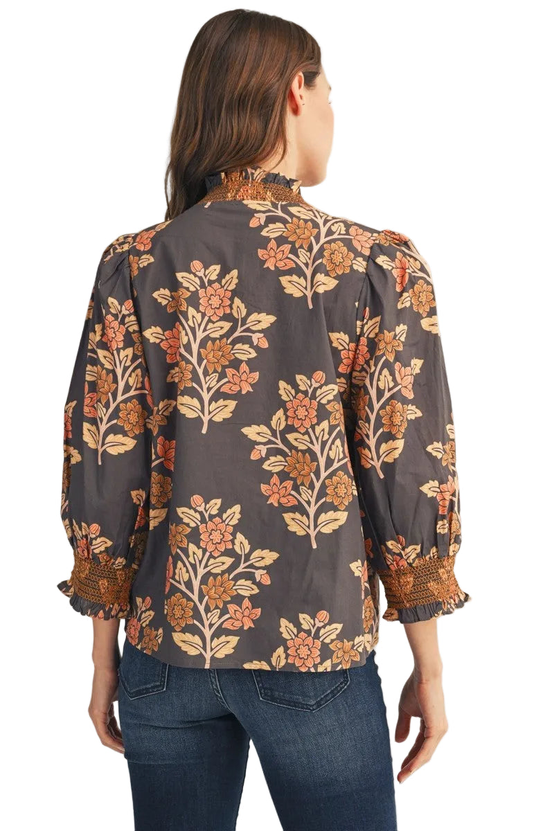 Jodifl Women's Mocha Embroidered Smocking Detail Floral Top 