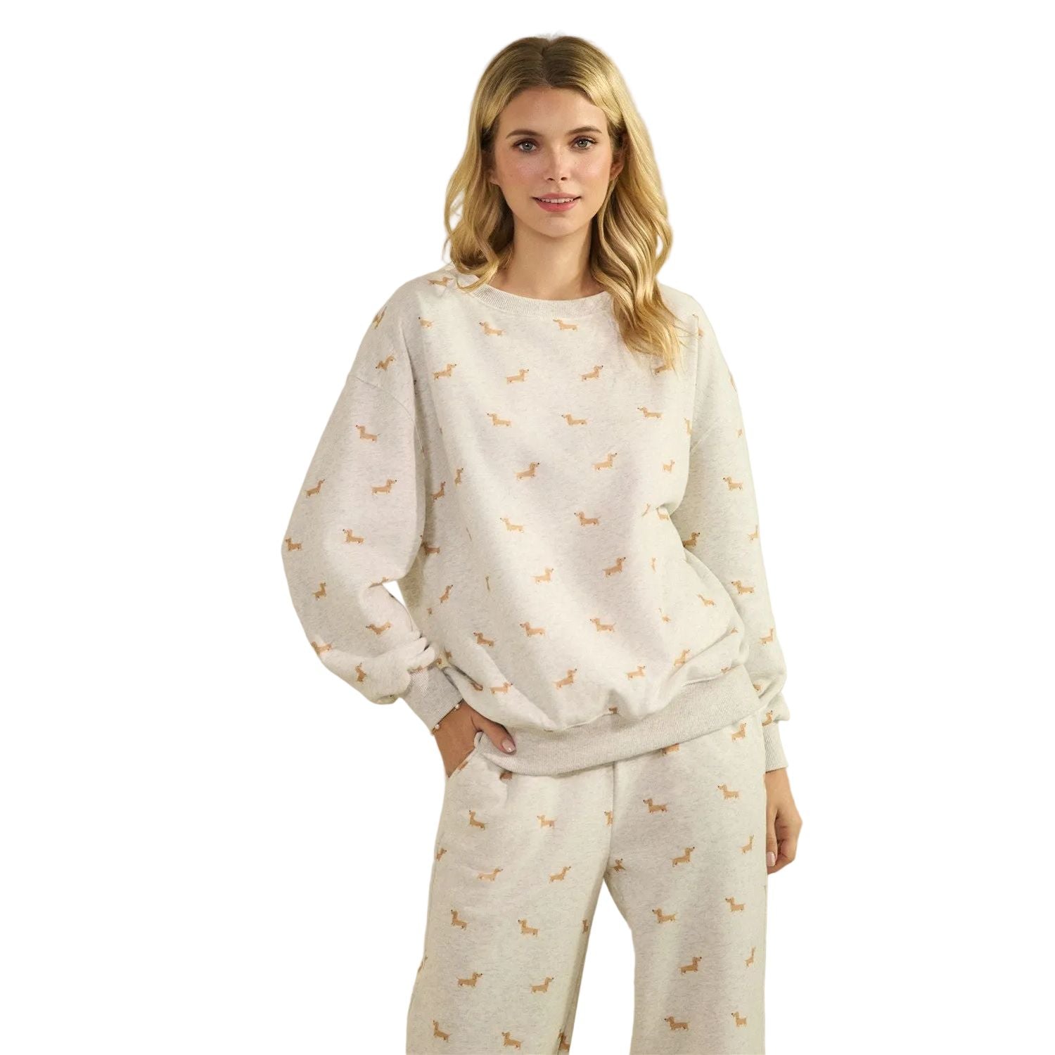 Women's Heather Gray All Over Dog Crew Neck Sweatshirt VT72688