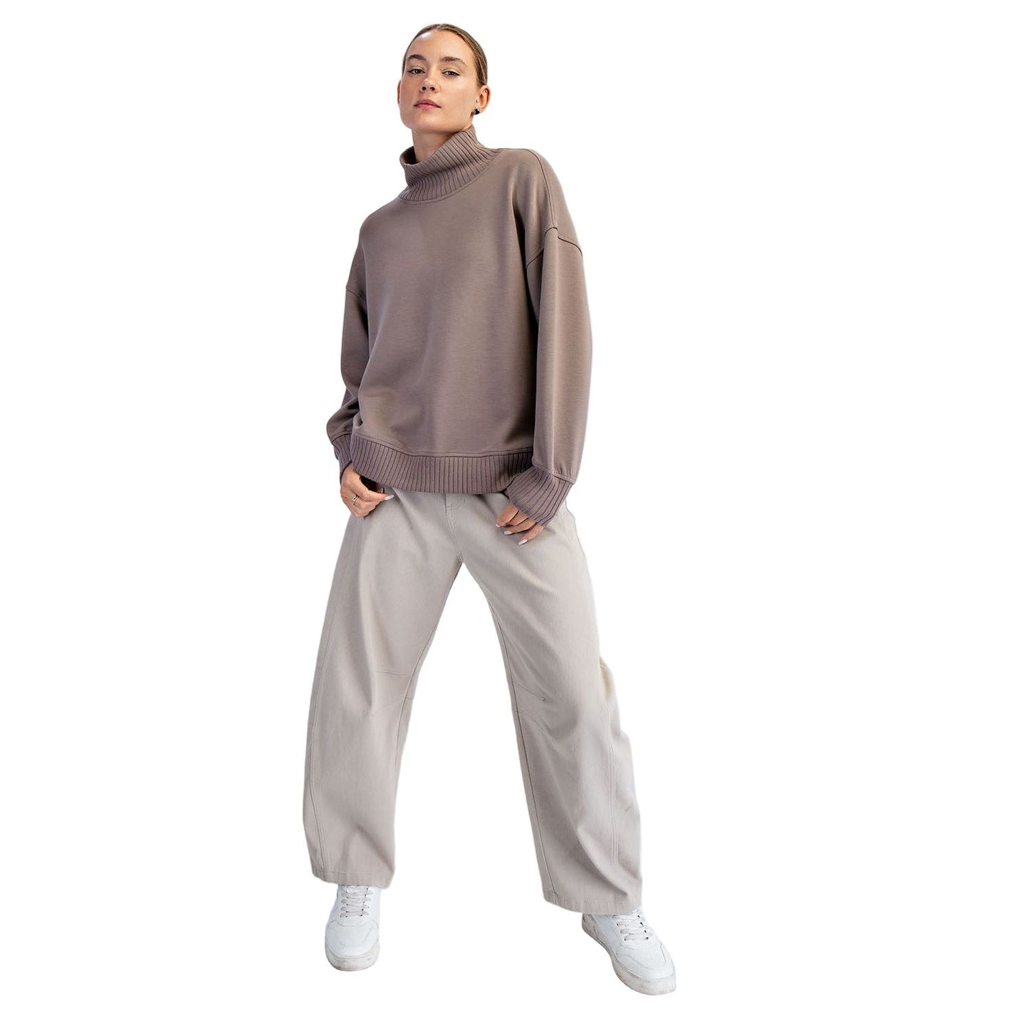 Women's Modal Scuba Ribbed Mock Neck Pullover T0043