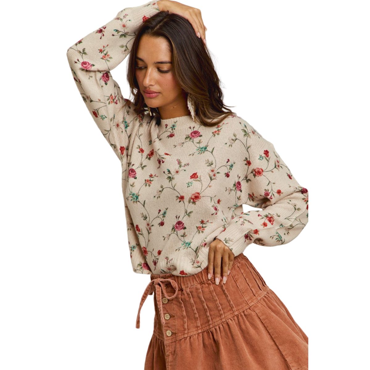 Women's Floral Print Crewneck Sweater Knit Top ST3678F-01