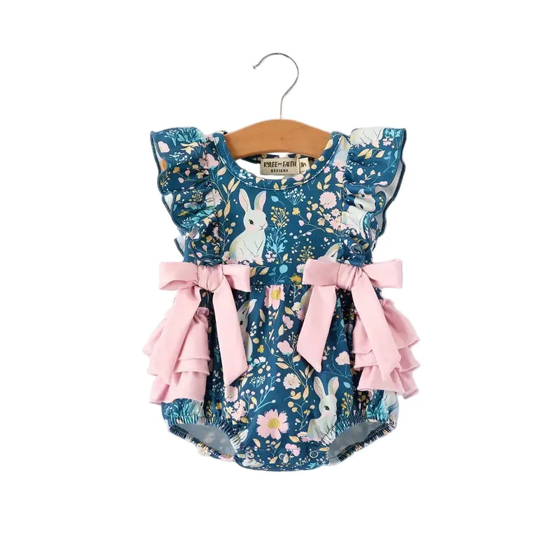 Girl's Teal Easter Bunny Garden Ruffle Sleeve Romper 