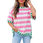 Women's Pink Short Sleeve Stripe Contrast Trim Top 