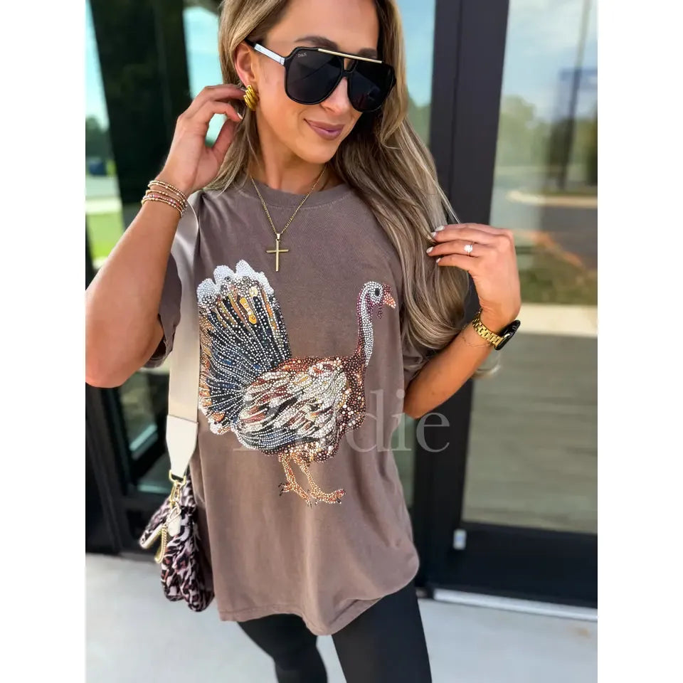 Women's Espresso Brown Short Sleeve Turkey Printed T-shirt 