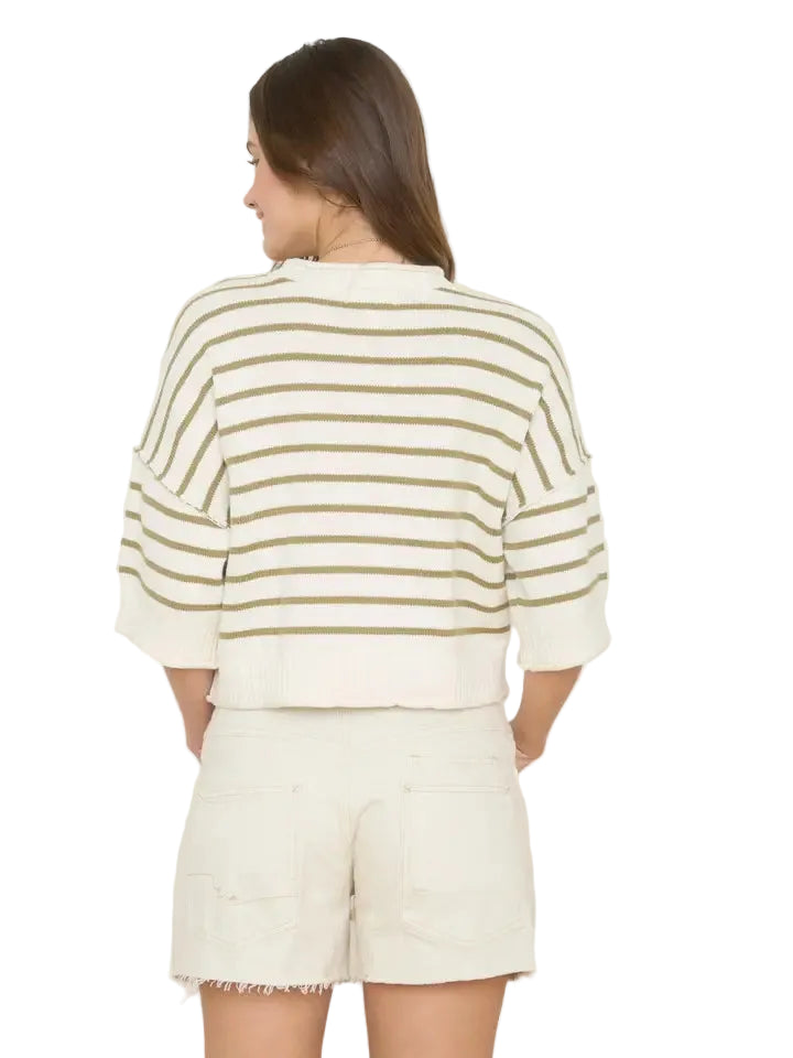 Women's Stripe Raw Edge Drop Shoulder Short Sleeve Sweater J6ST1036