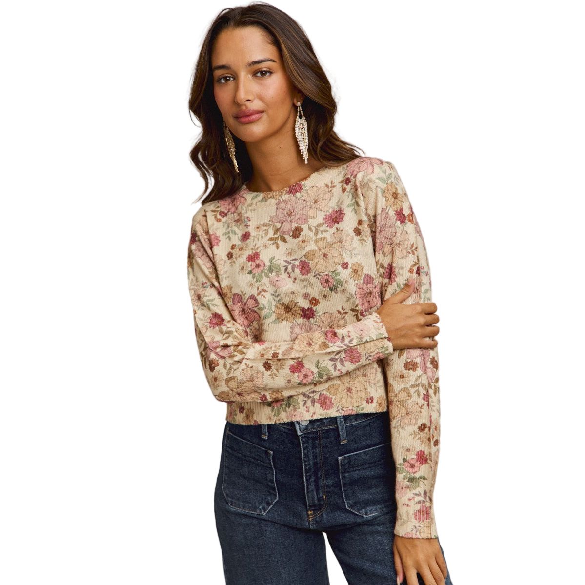 Women's Floral Crew Neck Long Sleeves Sweater Knit Top ST3677F-01