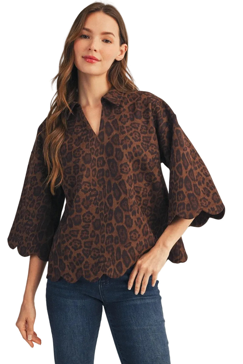 Jodifl Women's Leopard Scallop Edge Detail Leopard Suede Top 