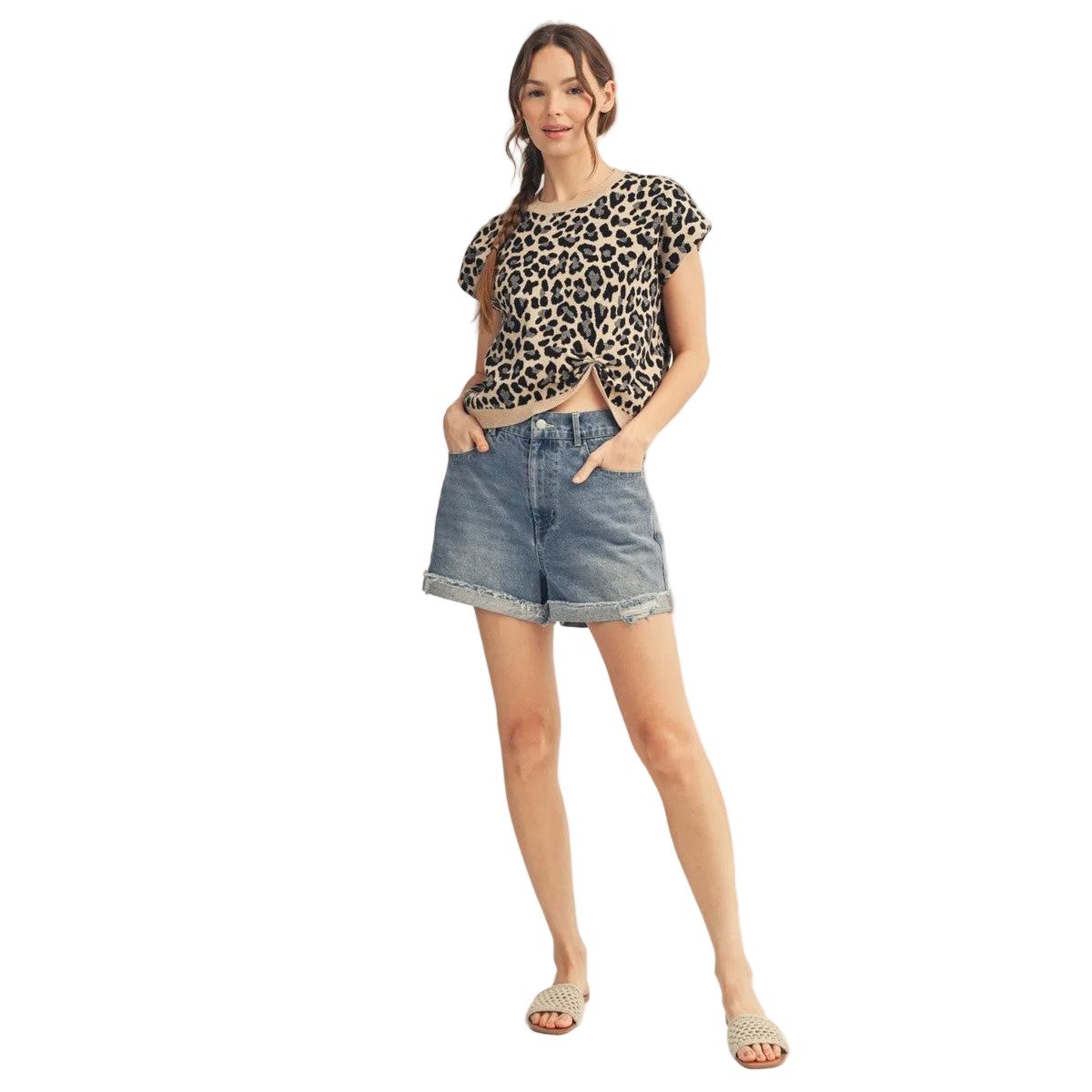 Women's Taupe Front Knot Accent Leopard Sweater Top G15760-1-TAUPE