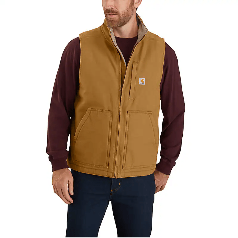 Men's Carhartt Mock-Neck Sherpa-Lined Vest - Loose Fit - Washed Duck 104277-BRN - Crazy House Western Wear