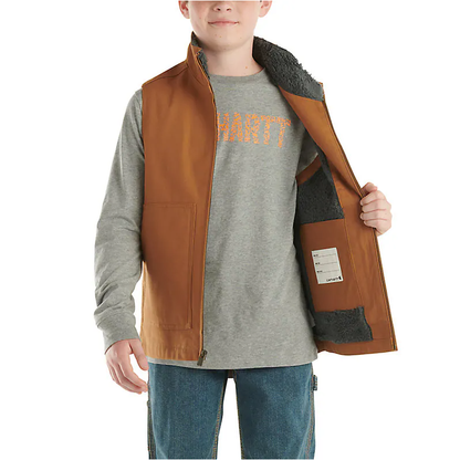 Boy's Carhartt Brown Zip-front Canvas Sherpa Lined Vest 