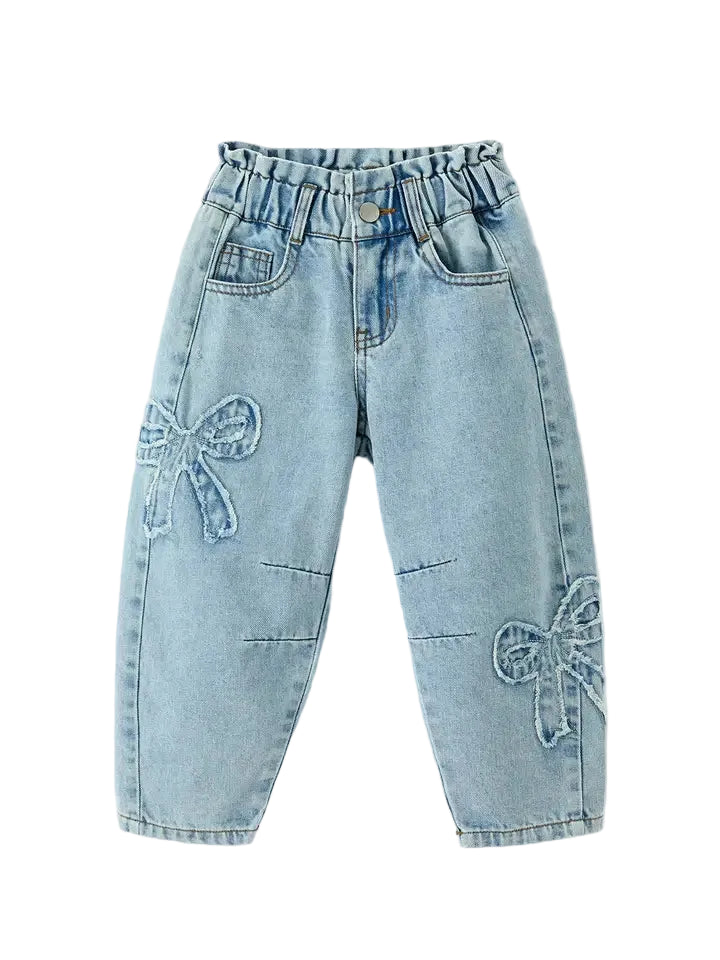 Rylee Faith Girl's Light Wash Bow Applique Relaxed Fit Jeans 