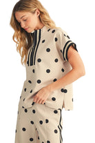 Jodifl Women's Oatmeal Front Zip Up Polka Dot Casual Top 