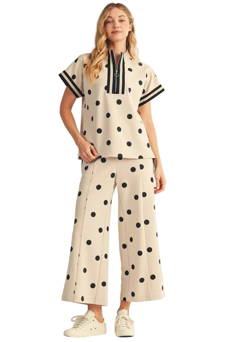 Jodifl Women's Oatmeal Front Zip Up Polka Dot Casual Top 