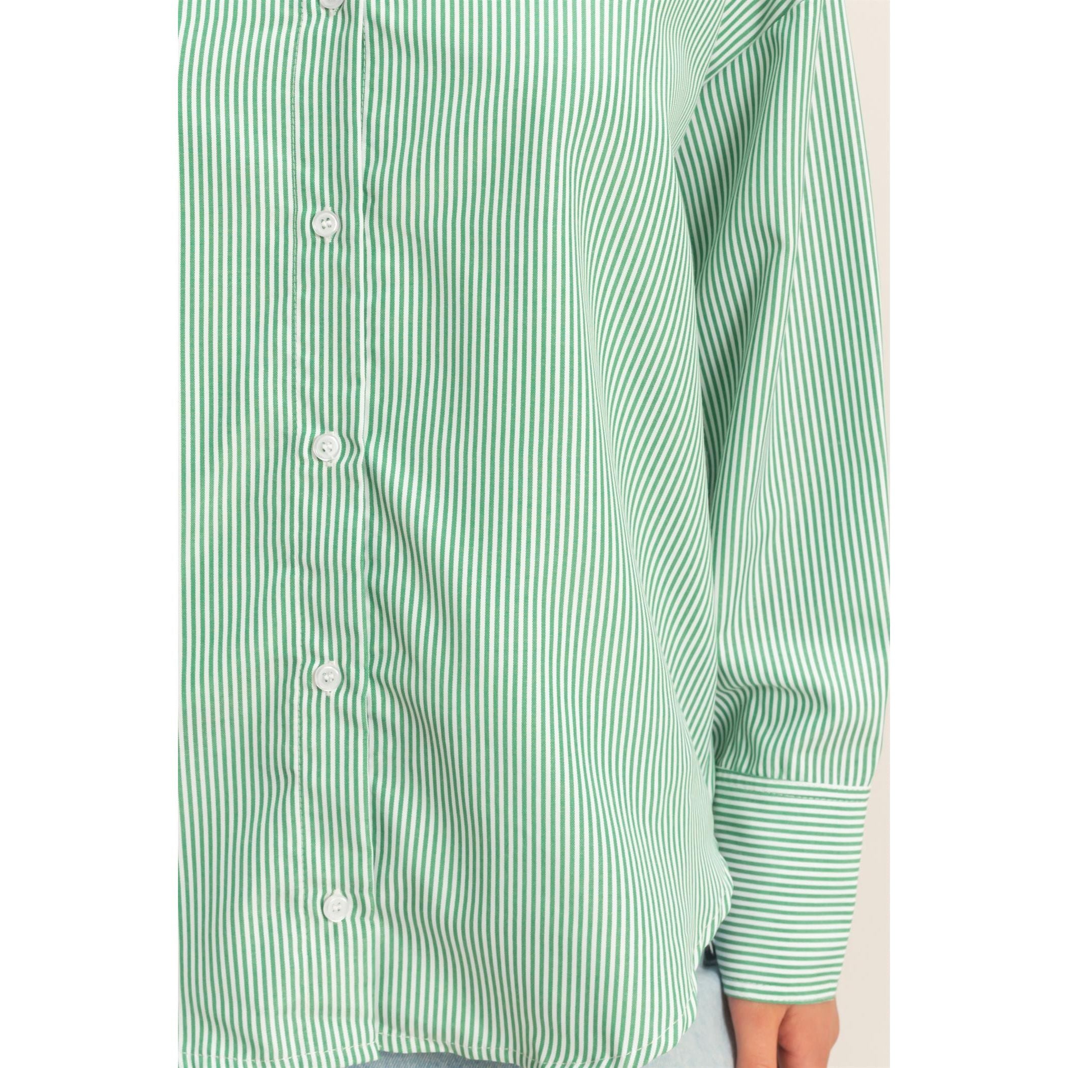 Women's Green and White Striped Button-up Shirt DZ26A737