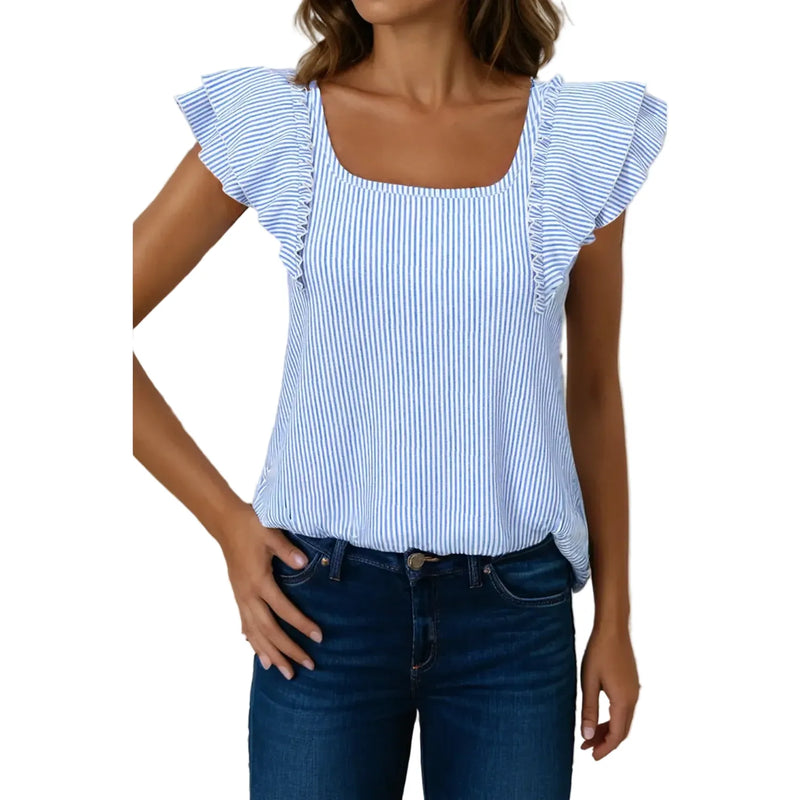 Women's Blue and White Square Neck Bow Frilly Ruffle Short Sleeve Blouse 
