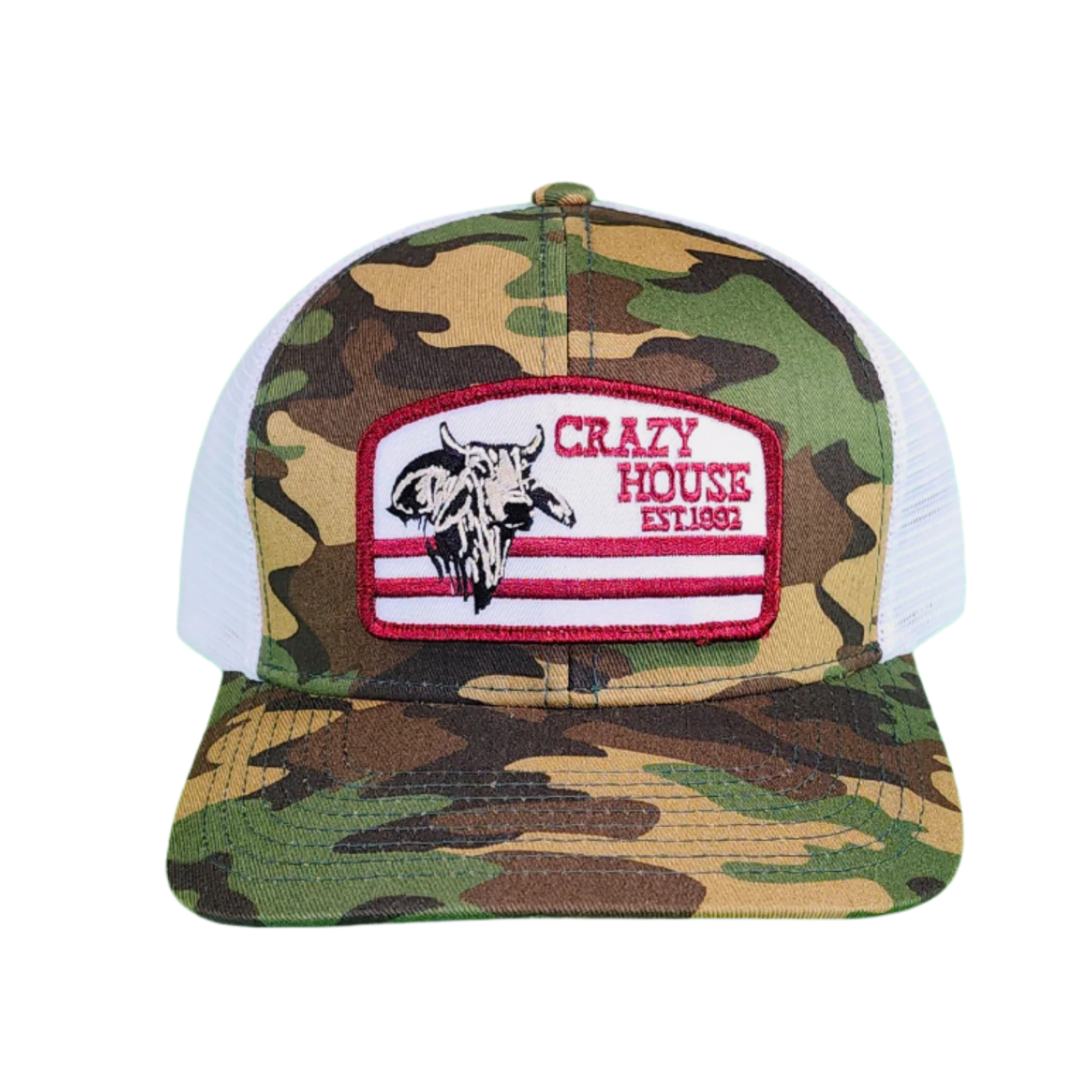 Camo Snapback with Red/White Bull Patch - Crazy House Western Wear