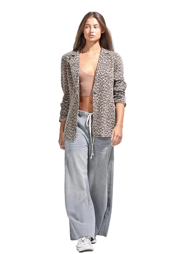 Women's Tan Leopard Print Single Button Casual Denim Blazer 