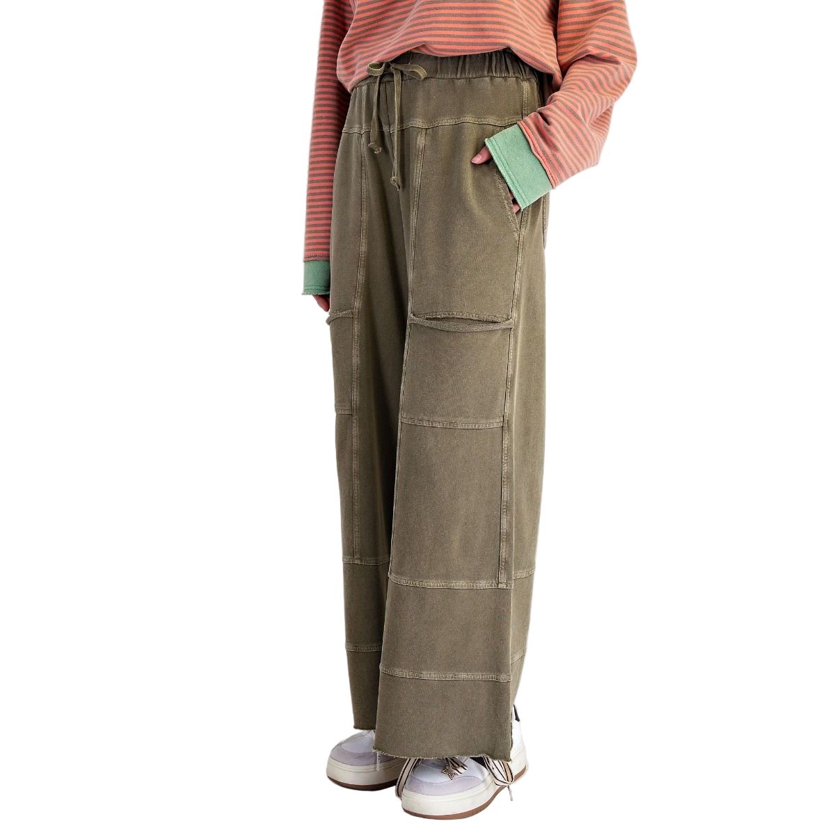 Women's Easel Olive Washed Wide Leg Terry Pants