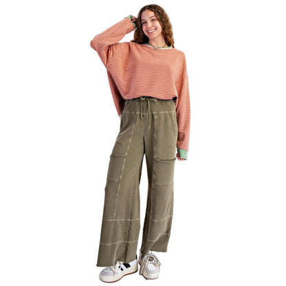 Women's Easel Olive Washed Wide Leg Terry Pants
