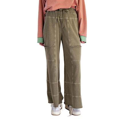 Women's Easel Olive Washed Wide Leg Terry Pants