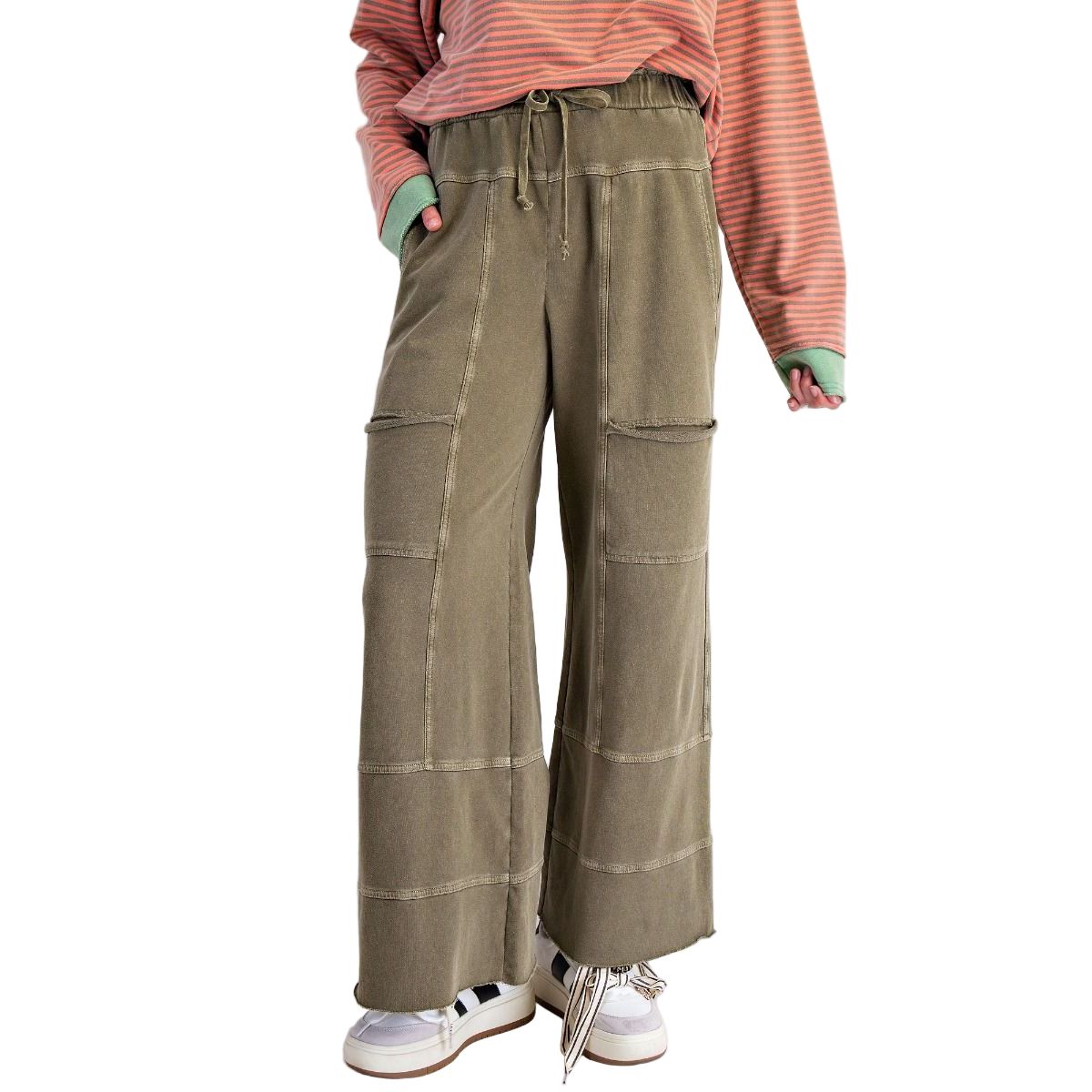 Women's Easel Olive Washed Wide Leg Terry Pants