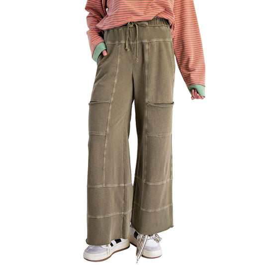 Women's Easel Olive Washed Wide Leg Terry Pants