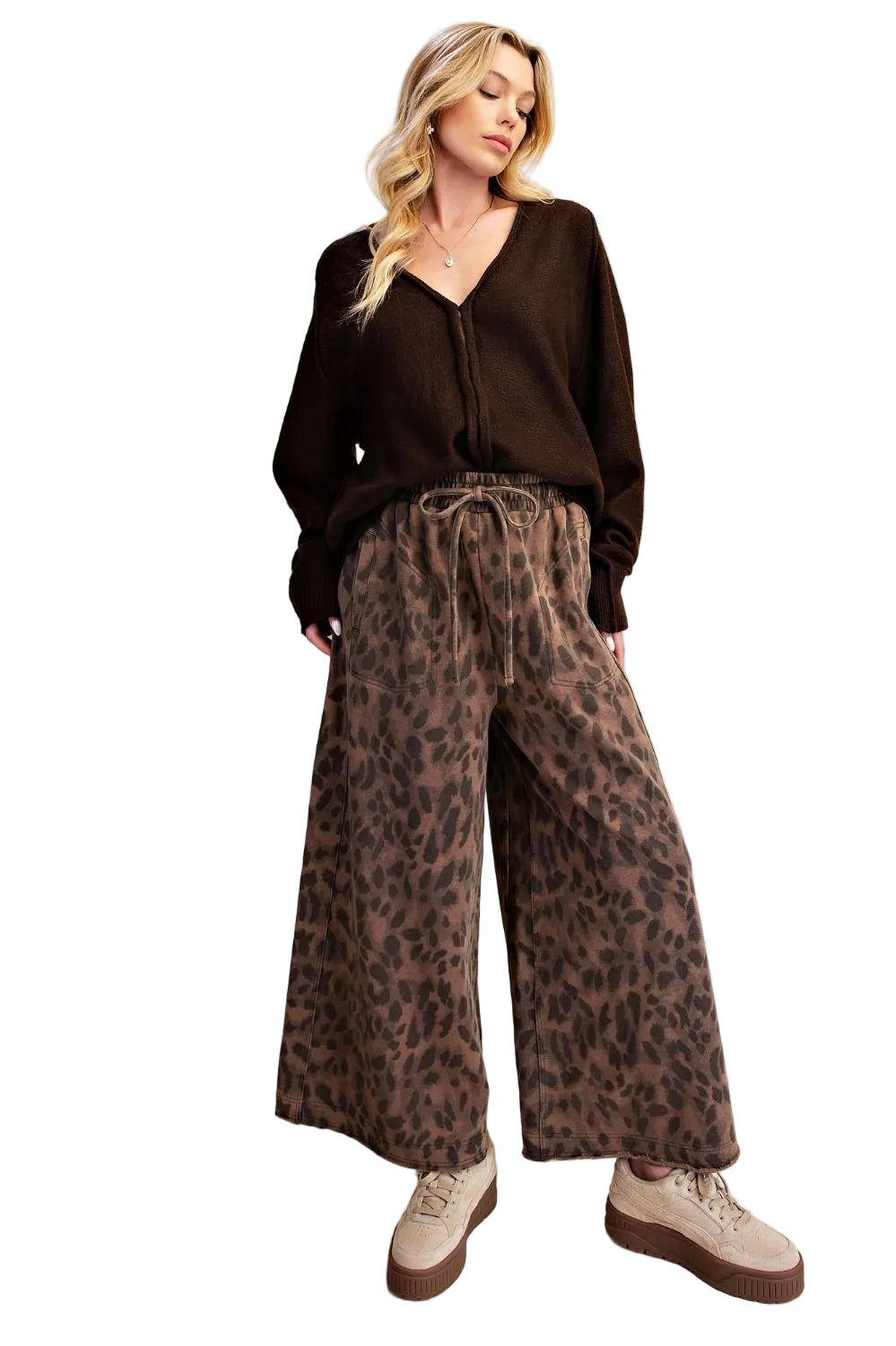 Easel Women's Mocha Leopard Print Washed Terry Knit Pants 