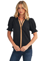Jodifl Women's Black Contrast Accent Crinkled Solid Top 