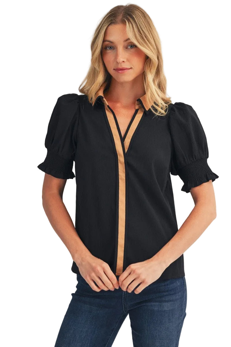 Jodifl Women's Black Contrast Accent Crinkled Solid Top 