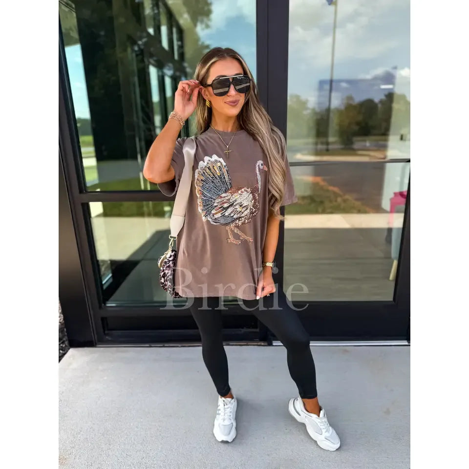 Women's Espresso Brown Short Sleeve Turkey Printed T-shirt 