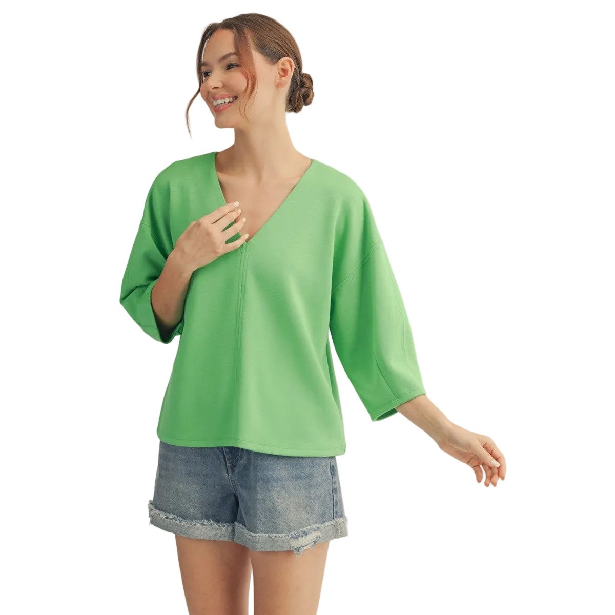Women's Jodifl Apple Green Soft Textured V Neck Solid Top G15341-AG
