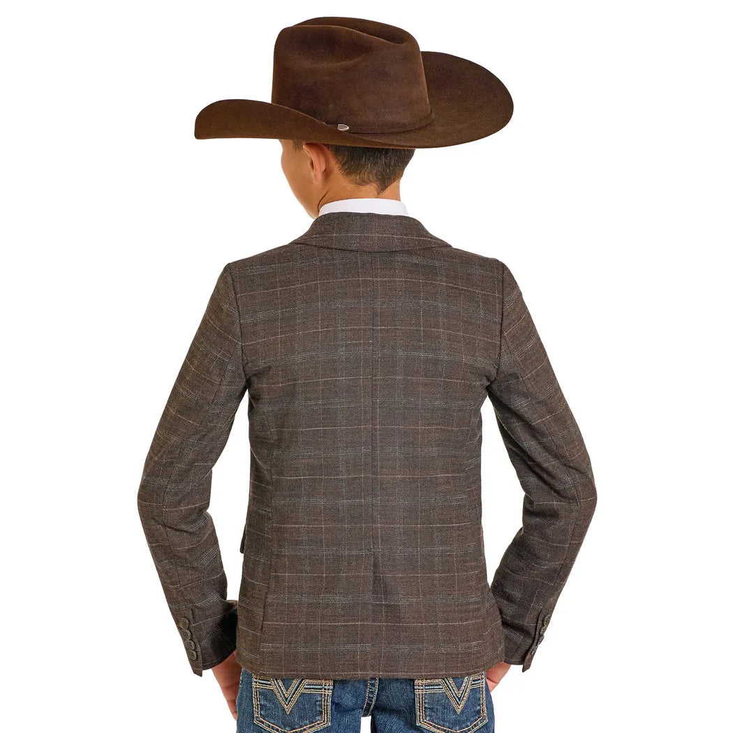 Boy's Rock and Roll Denim Brown Plaid Sports Coat BB96C07383