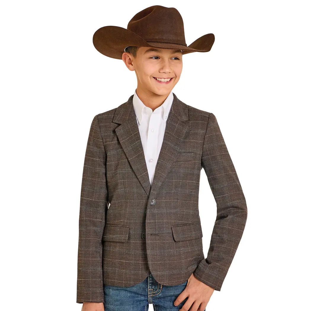 Boy's Rock and Roll Denim Brown Plaid Sports Coat BB96C07383