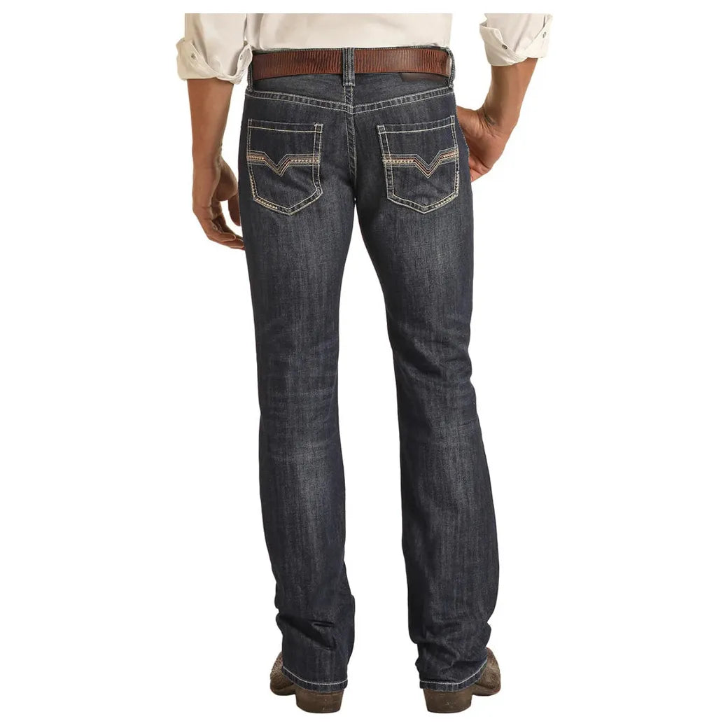 Men's Rock and Roll Denim Regular Fit Raised Denim Embroidered Bootcut Jeans BM0PD03660 - Crazy House Western Wear