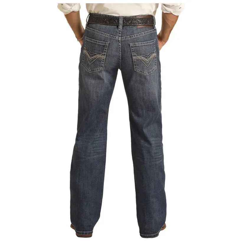 Men's Rock and Roll Denim Relaxed Fit Raised Denim Embroidered Straight Leg Jeans BM0SD04249 - Crazy House Western Wear