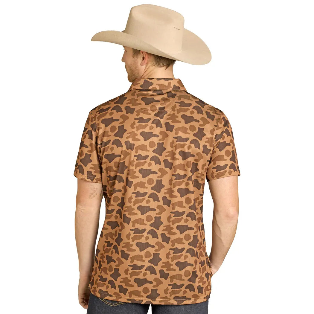 Rock and Roll Denim Camo Print Short Sleeve Button-Down Stretch Polo Shirt BM51T07687