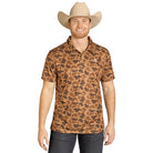 Rock and Roll Denim Camo Print Short Sleeve Button-Down Stretch Polo Shirt BM51T07687