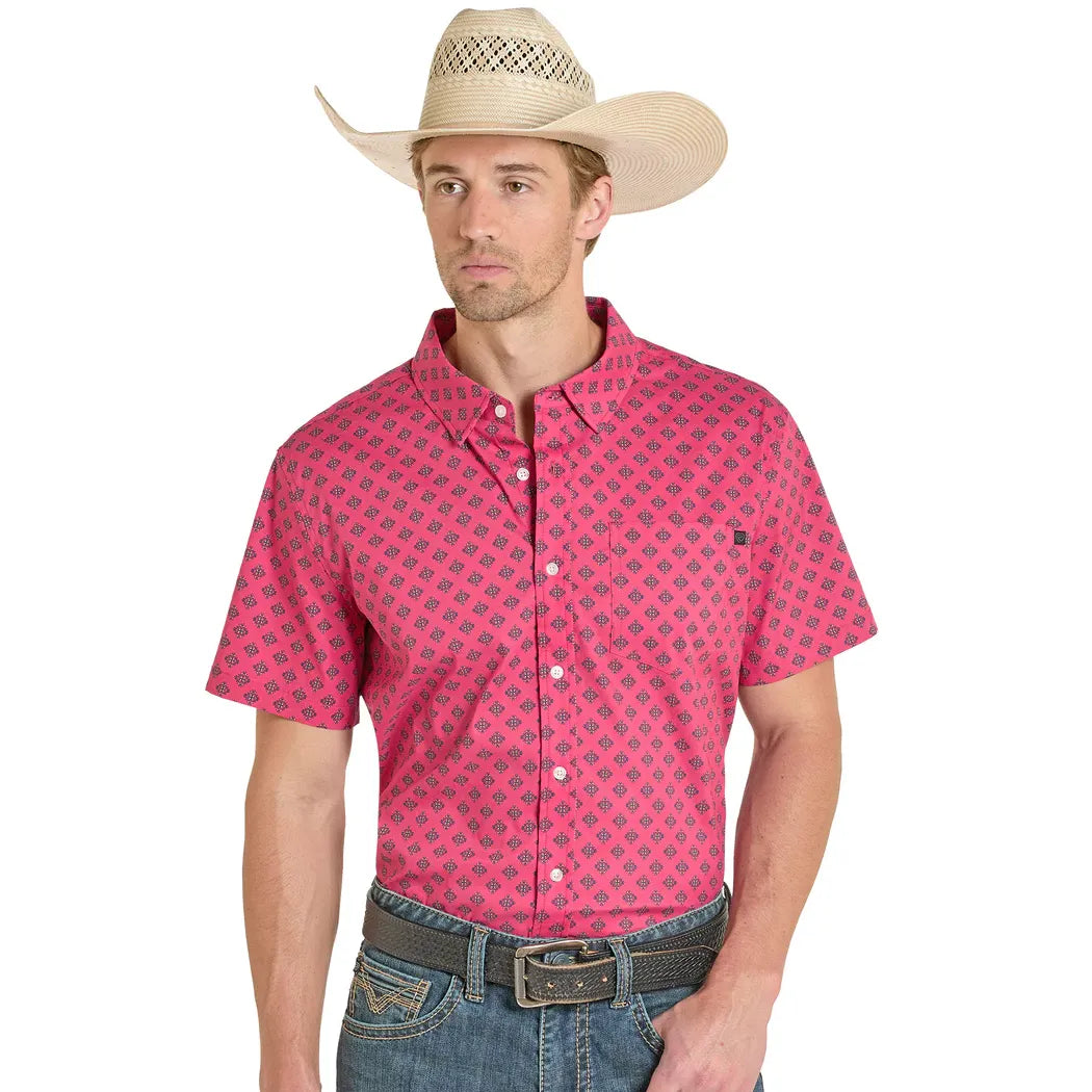 Men's Rock and Roll Pink Tek Western Aztec Print Short Sleeve Shirt BMB3S08405