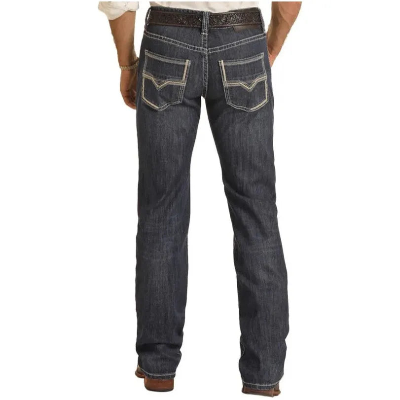 Men's Rock and Roll Denim Regular Fit Dark Wash Stackable Bootcut Jeans BMSPD04251 - Crazy House Western Wear