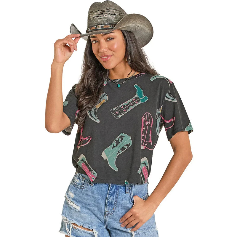 Women's Rock and Roll Denim Boot Printed Graphic T-shirt BW21T08120
