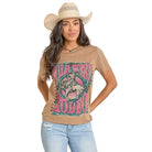 Women's Rock and Roll Brown Short Sleeve Graphic Print T-shirt BW21T08424