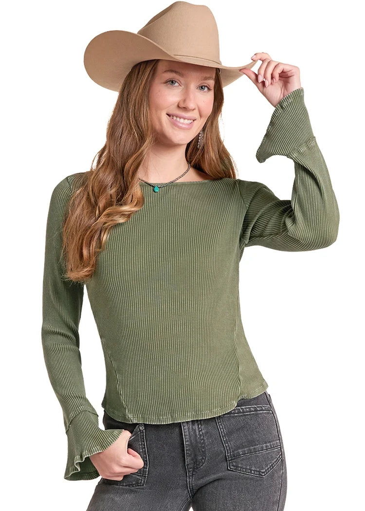 Rock and Roll Women's Green Rib Knit Top BW22T09373