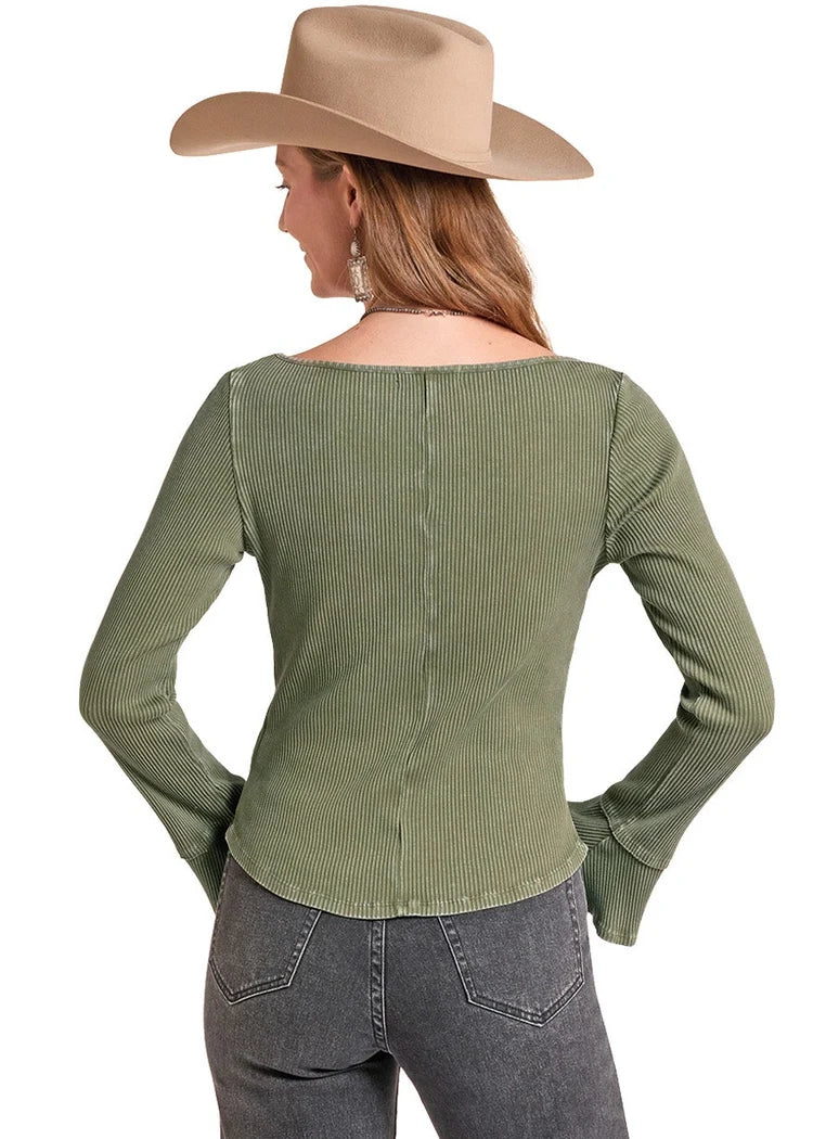 Rock and Roll Women's Green Rib Knit Top BW22T09373
