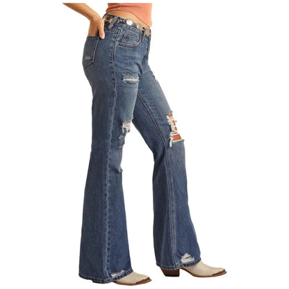 Women's Rock and Roll Distressed Denim High Rise Flare Jeans BW6HD03997