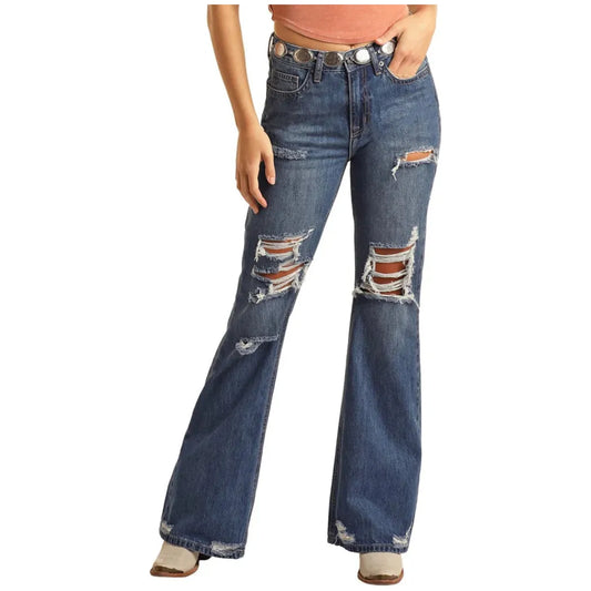 Women's Rock and Roll Distressed Denim High Rise Flare Jeans BW6HD03997