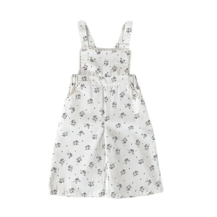 Girl's Floral Print Lace Trim Wide Leg Jumpsuit 