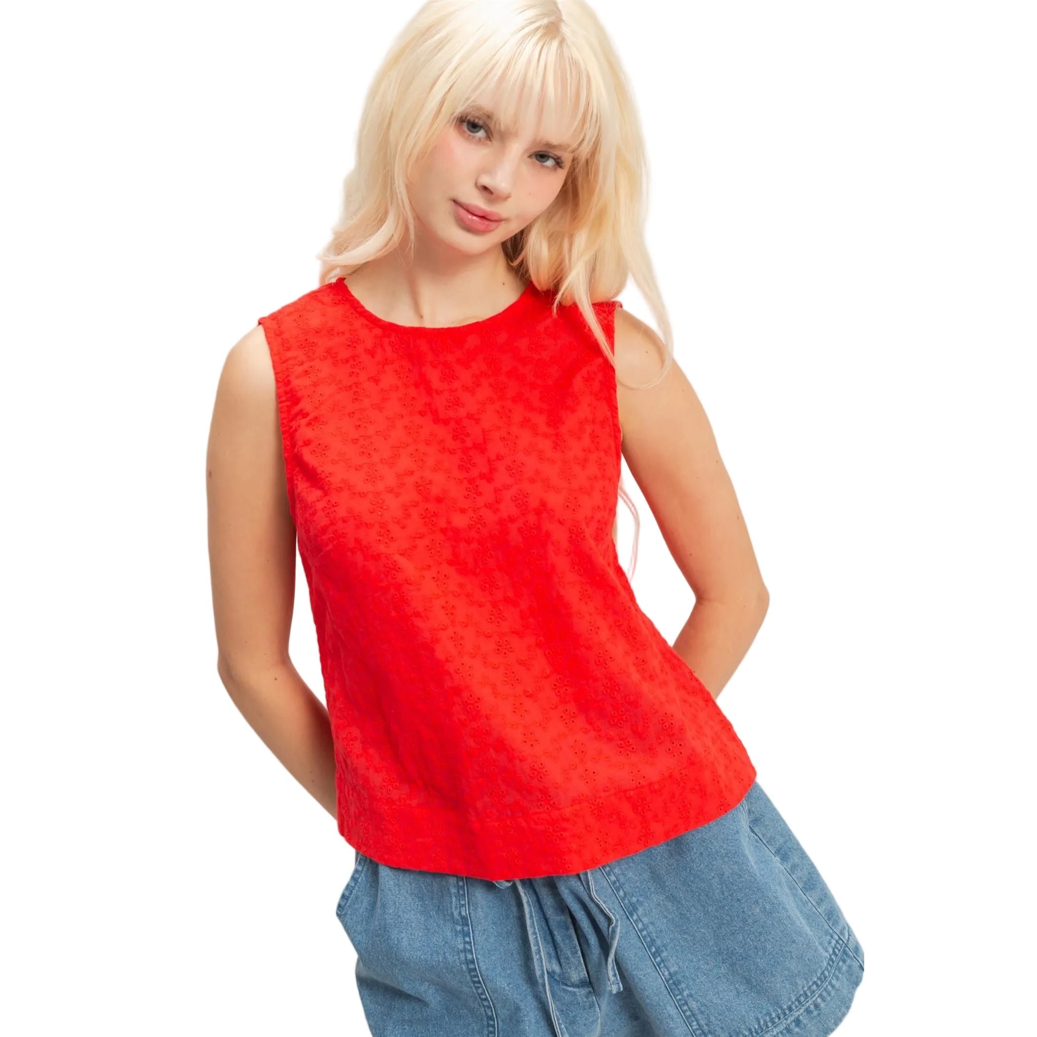 Women's Red Eyelet Sleeveless Top With Back Buttons DZ26C541