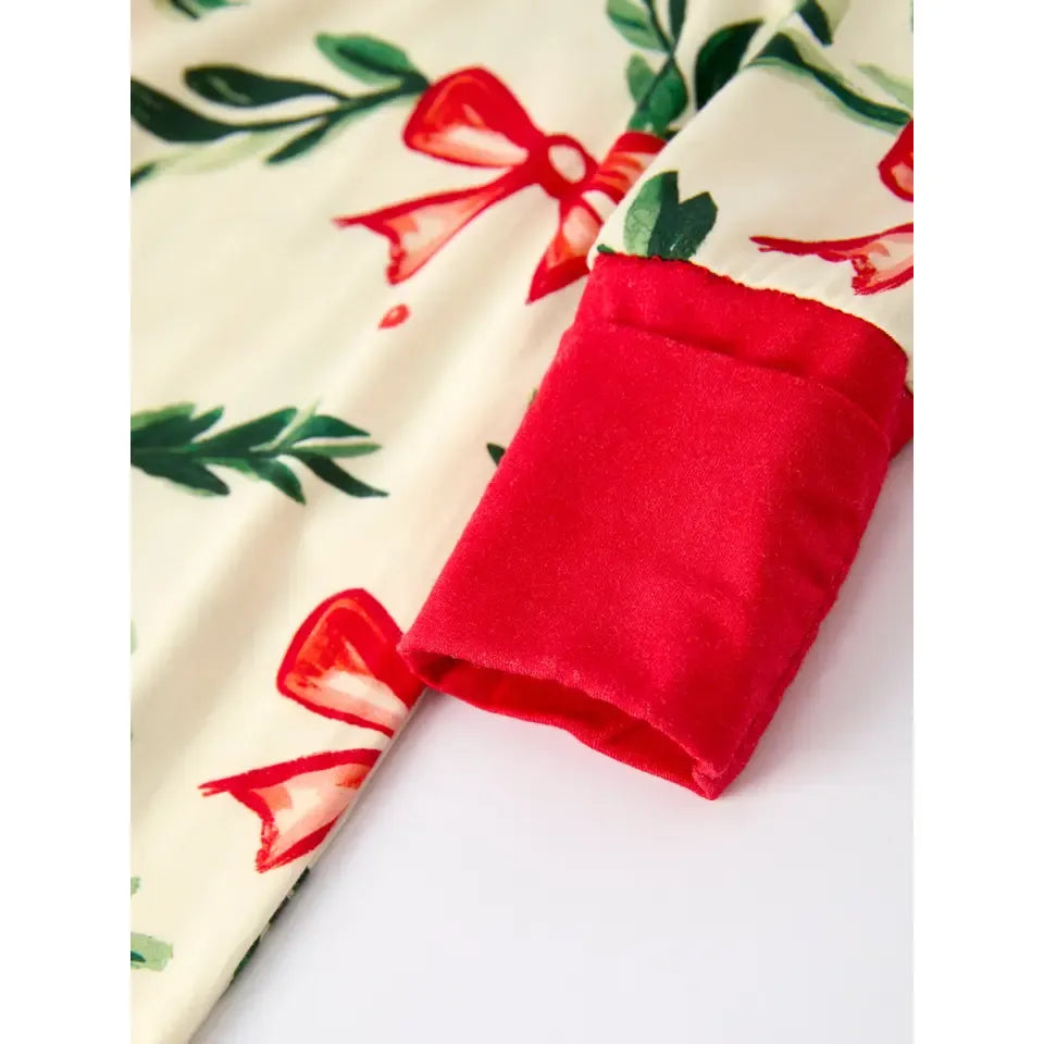 Girl's Christmas Bow and Holly Print Pajama Romper 