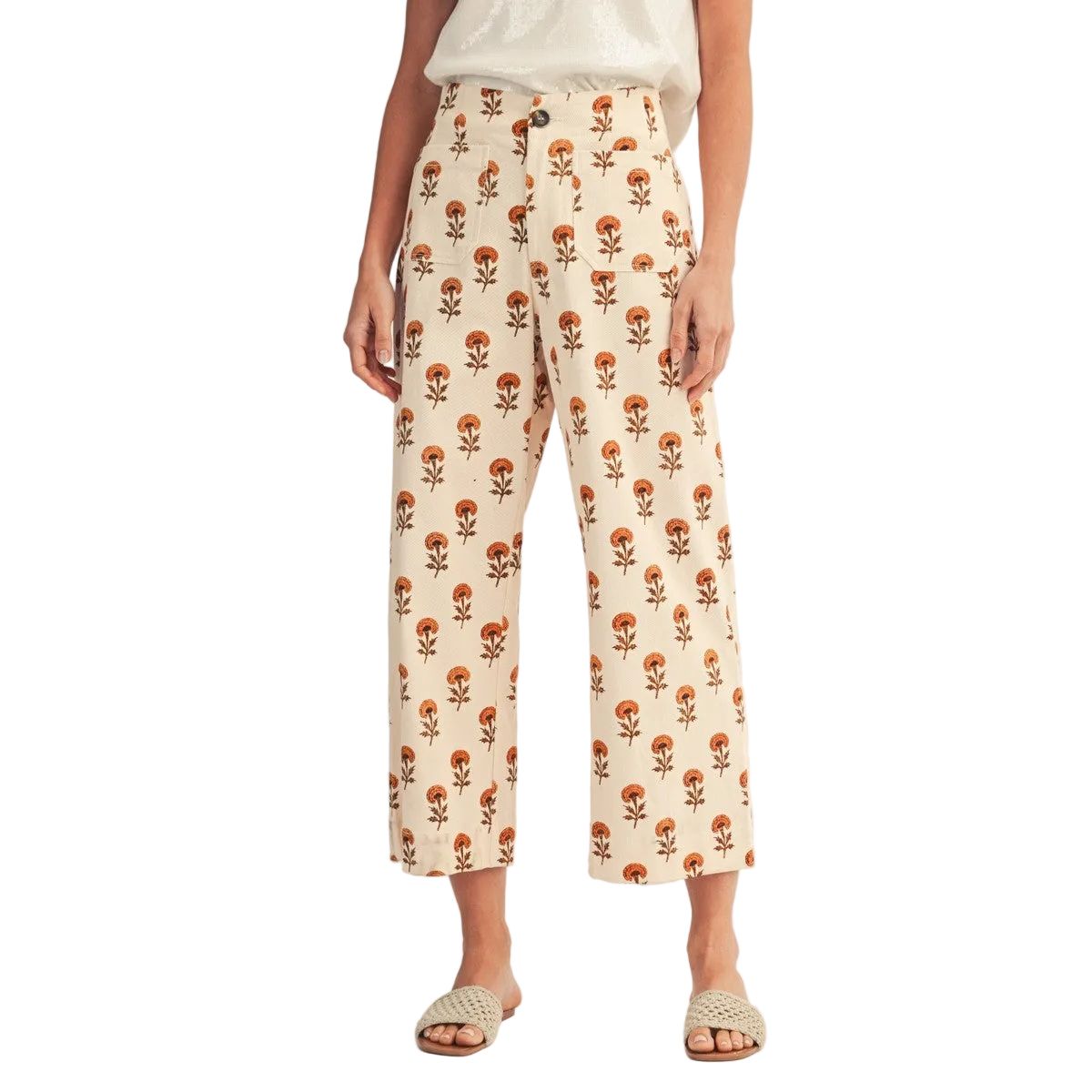 Women's Cream Wide Leg Boho Floral Casual Pants H41163-10