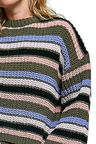 Women's Olive Multi Striped Pattern Round Neck Chenille Sweater Top