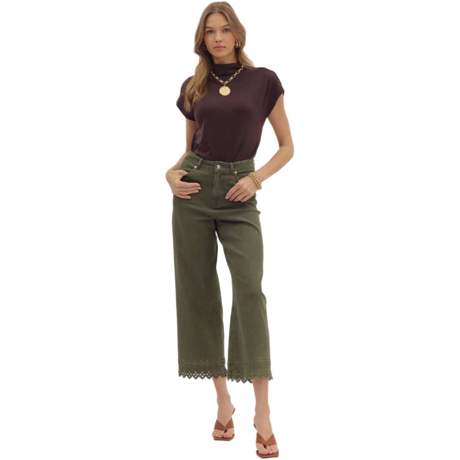 Women's Entro High Waist Ankle Length Olive Green Pants P26396 - Crazy House Western Wear